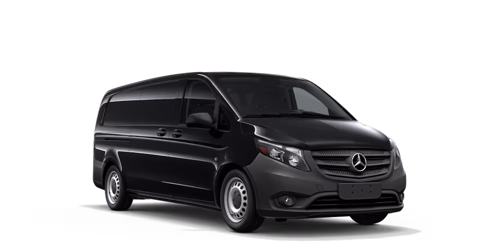 Sleek black Mercedes-Benz van exterior used by California Wine Tours for small private groups and personalized transport.